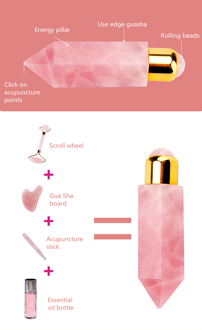 Customized Wholesale Essential Oil Bottle Hexagonal Column Crystal Acupuncture Stick Facial Massager Roller Beauty Stick Gua Sha