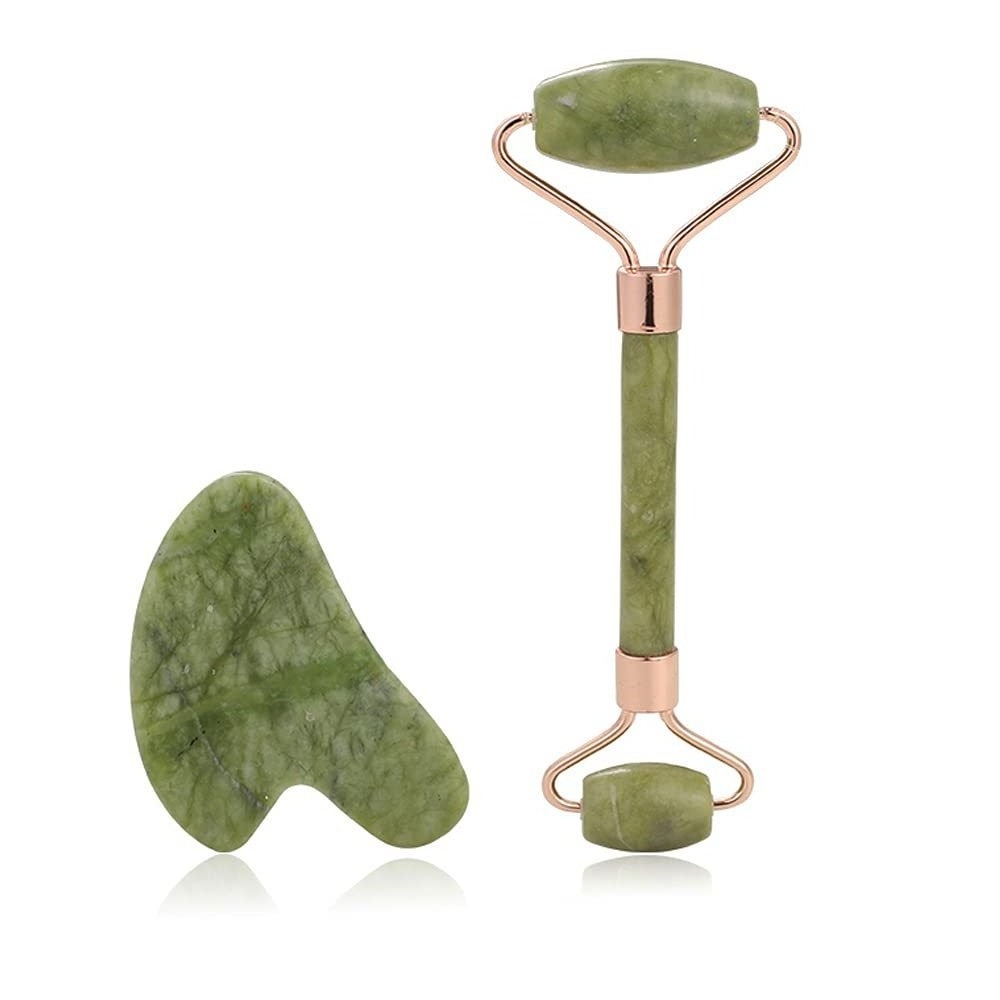 Flower Handle Face Roller GuaSha Massage Tool Xiuyan Jade Heart shaped Stone and Resin Handle Jade massager Roller Set