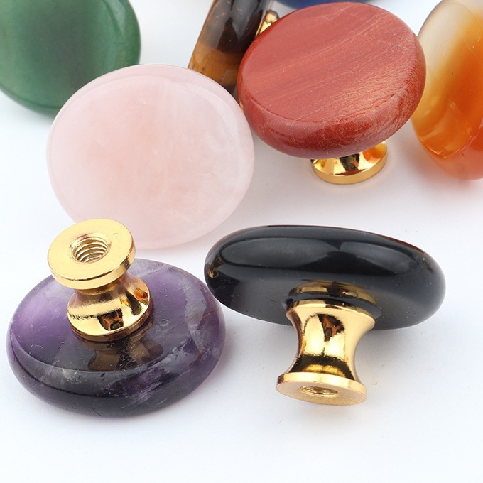 Factory Wholesale Natural Crystal Gemstone Cabinet Door Knob Healing Rose Quartz Brass Alloy Furniture Door Handle Small Knob