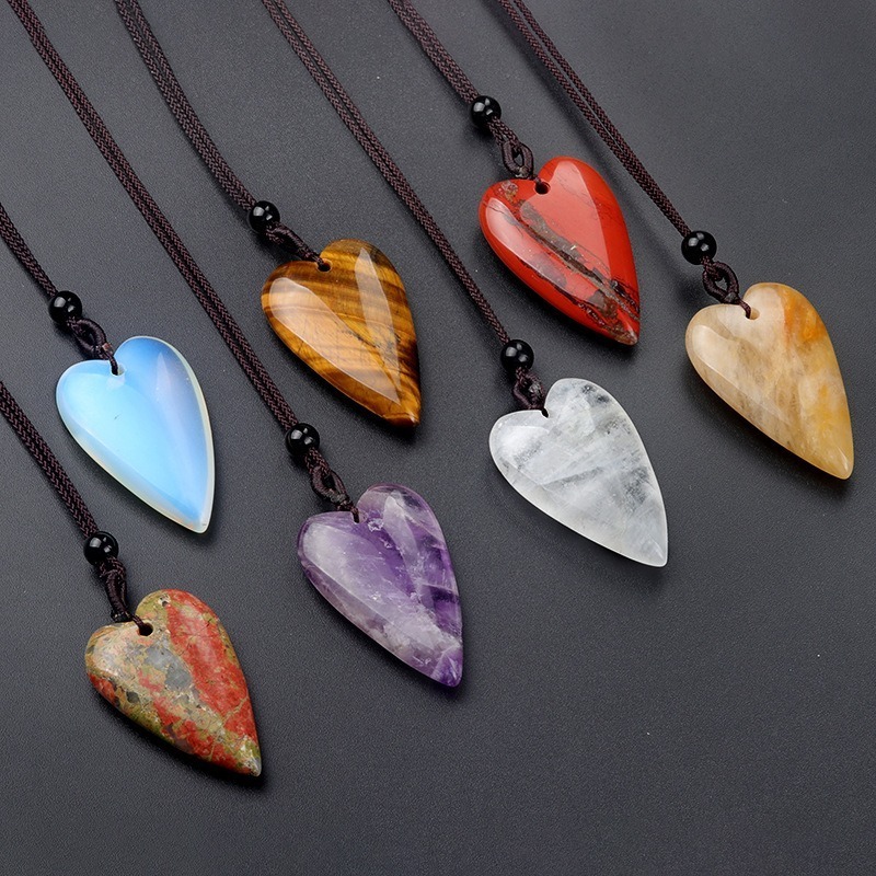 40mm Big Love Rope  Chain Stone Pendants Necklace Natural Crystal Agate Quartz Polished Love Pendant Heart Necklace