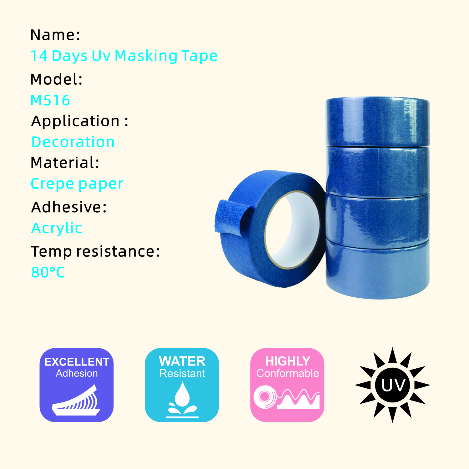 14 Days Uv High Adhesive Crepe Paper Masking Tape Painters Blue Masking Tape For Indoor Decoration Printing