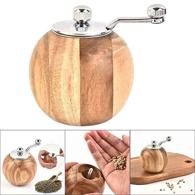 Salt And Pepper Grinder Wooden Pepper Grinder Round Shape Wood And Stainless Steel Material Manual Pepper Mill