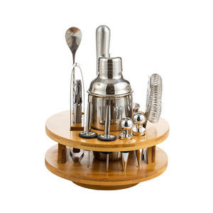 Bartender Kit 12-Piece Silver Cocktail Shaker Set With Rotating Bamboo Stand For Mixed Drinks Martini Home Bar Tools