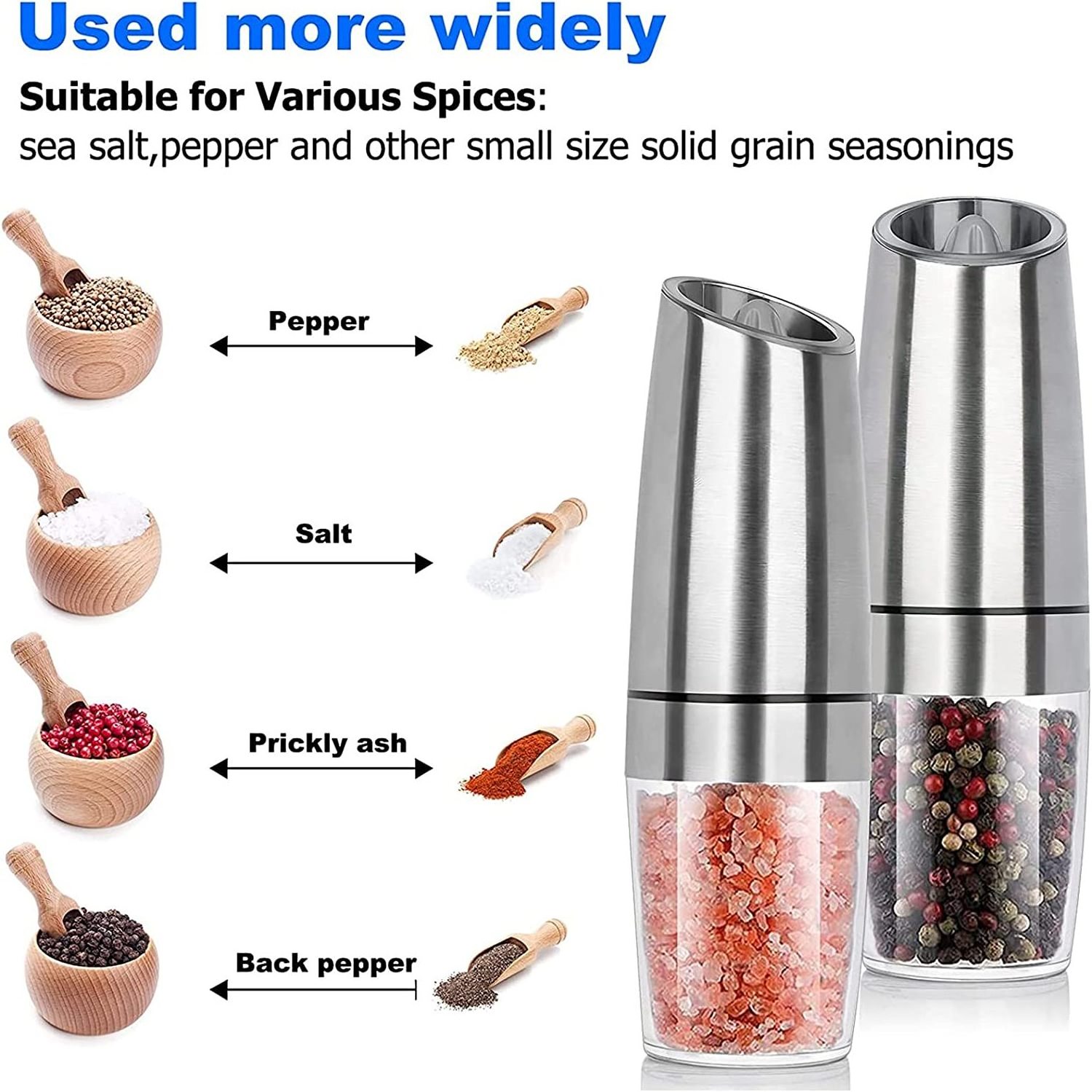 Electric Gravity Salt And Pepper Grinder Set Spice Jar Battery operated Mill Grinder With Blue Light And Stand