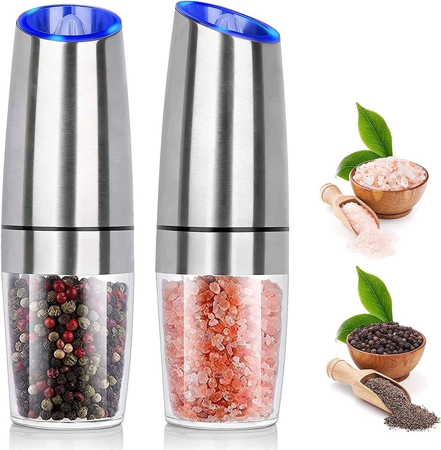 Electric Gravity Salt And Pepper Grinder Set Spice Jar Battery operated Mill Grinder With Blue Light And Stand