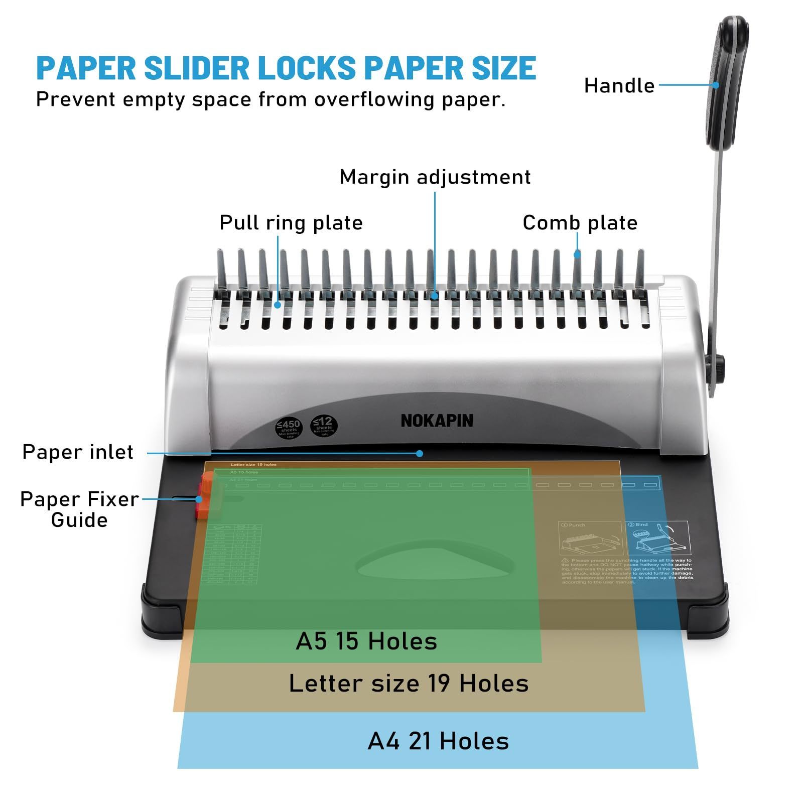 Book Binder Machine 21-Holes 450 Sheets Comb Binding Machine Spiral Binding Machine for Letter Size A4 A5 or Smaller Sizes