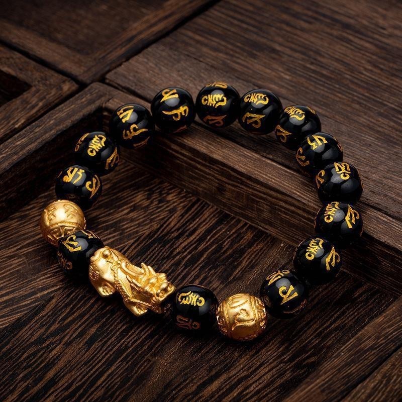 Brass Gilding Black Agate Pixiu Bracelet Men Gold Stainless Steel Bracelet Jewelry Wholesale