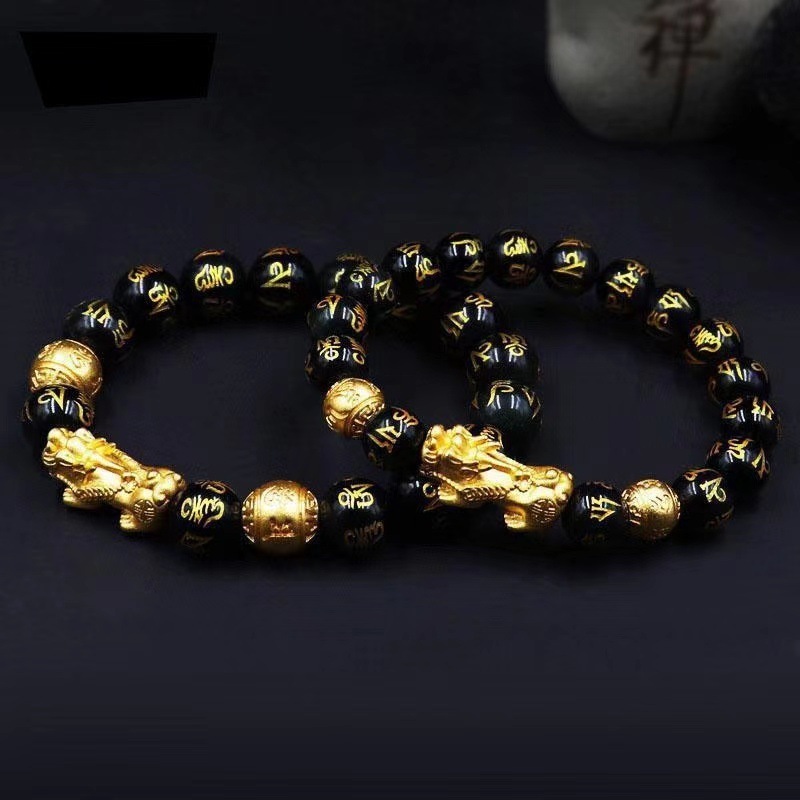 Brass Gilding Black Agate Pixiu Bracelet Men Gold Stainless Steel Bracelet Jewelry Wholesale