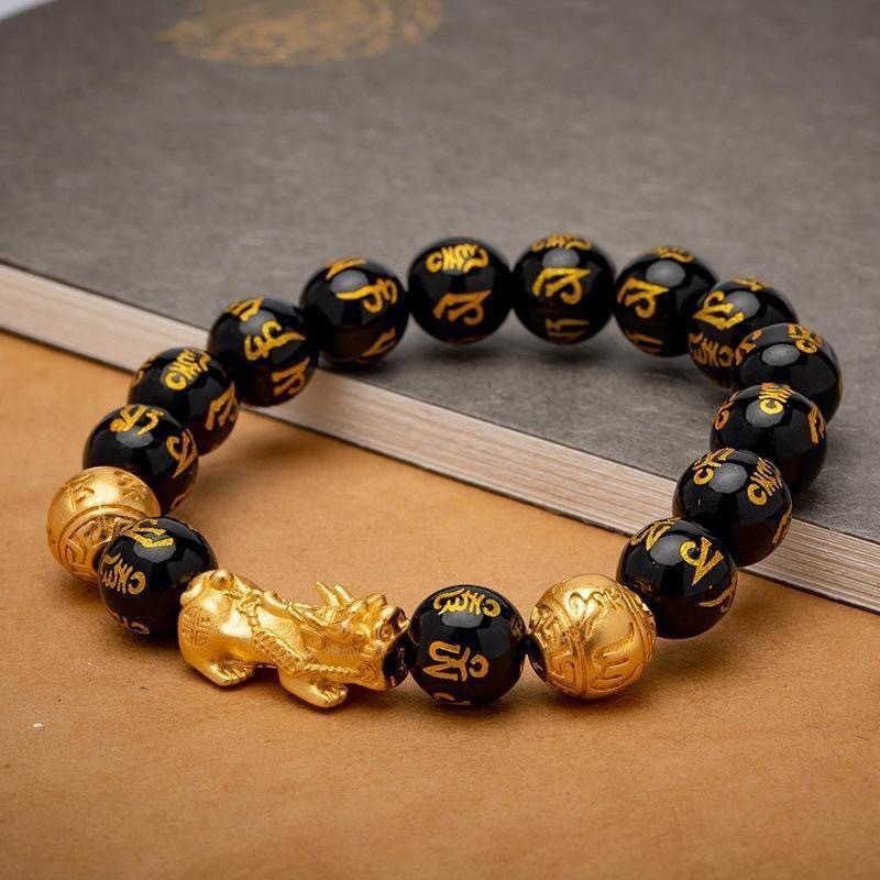 Brass Gilding Black Agate Pixiu Bracelet Men Gold Stainless Steel Bracelet Jewelry Wholesale