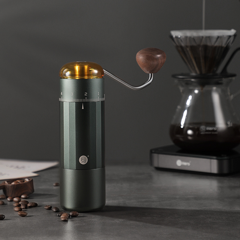 zeroHero seven axis stainless steel titanium-plated conical burr external adjustment dial hand crank manual coffee grinder