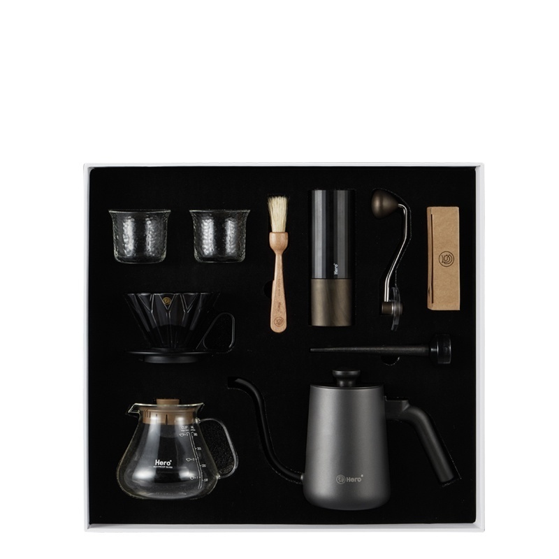 Premium box outdoor travel drip coffee set gifts set with hand coffee grinder filter Kettle pot scale