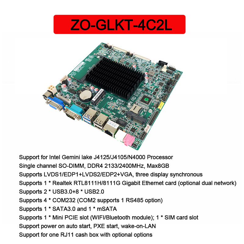 Zeroone In-Tel Cerelon J4125 Cpu Fanless Mini-Itx Motherboard Vga Lvds/Edp Low Power Consumption Rohs Motherboard