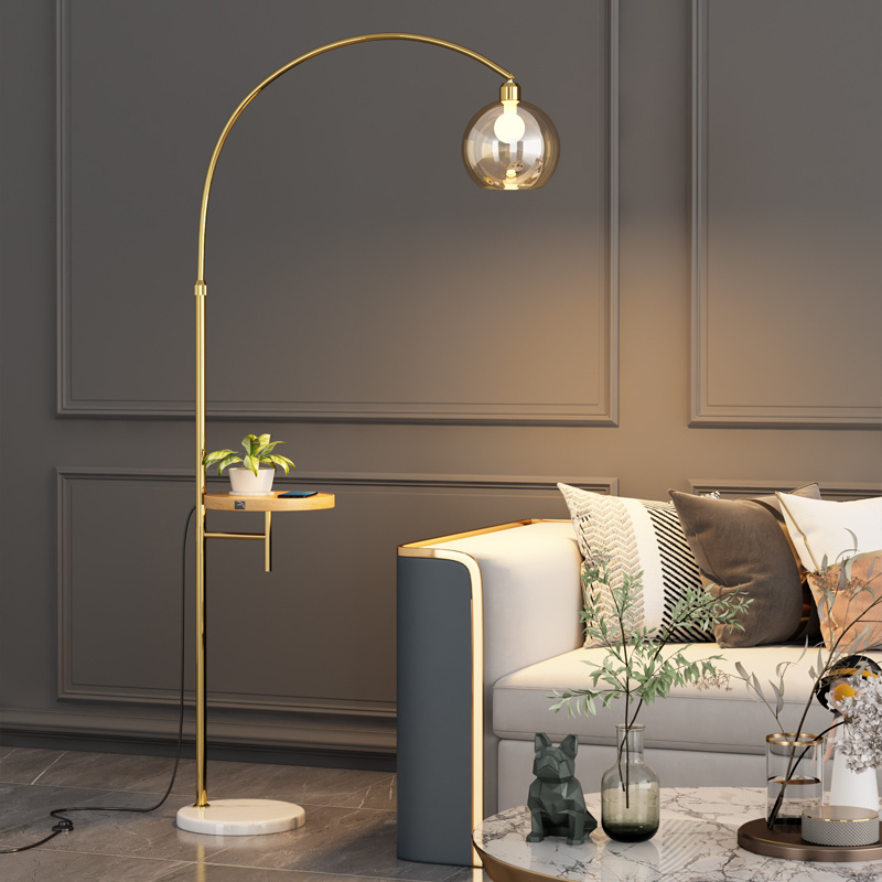 Nordic Modern Arc Floor Lamp with Shelf Wireless Charger & USB Charging Port White Shade for Hotel/Bedroom/Bar Indoor Use