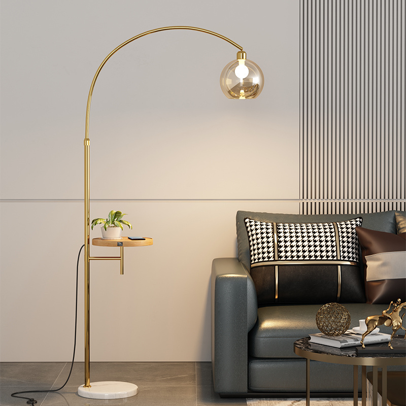 Nordic Modern Arc Floor Lamp with Shelf Wireless Charger & USB Charging Port White Shade for Hotel/Bedroom/Bar Indoor Use