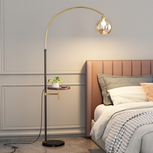 Nordic Modern Arc Floor Lamp with Shelf Wireless Charger & USB Charging Port White Shade for Hotel/Bedroom/Bar Indoor Use