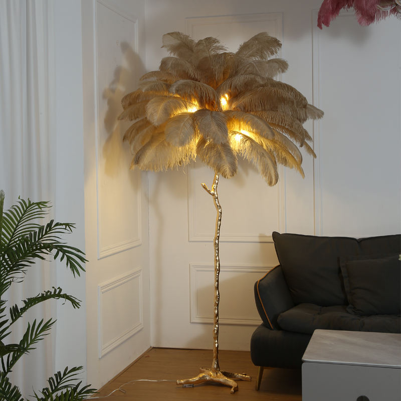 Hot sale Ostrich Resin Copper Corner Standing Led Light Modern Nordic Luxury Tree Branch Ostrich Feather Floor Lamp