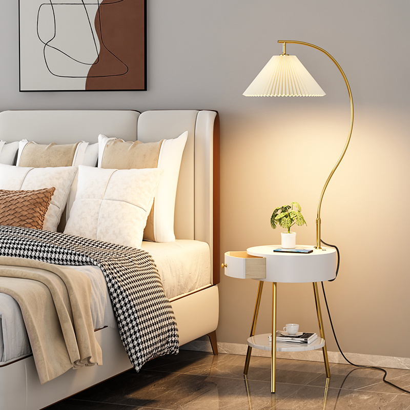 Modern Metal Floor Lamp with Shelves and Drawer White Shade Luxury Standing Light for Living Room Indoor Home Decor