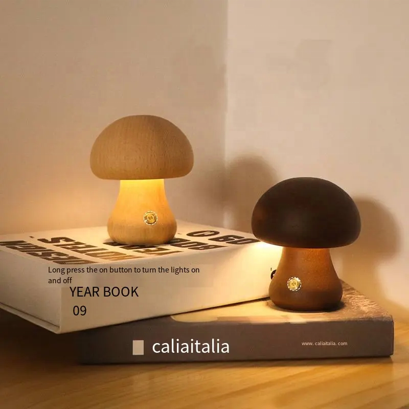 Modern LED Night Light Battery Powered Wooden Cute Mushroom Lamp with Touch Switch White Shade Children's Room Bedside Table