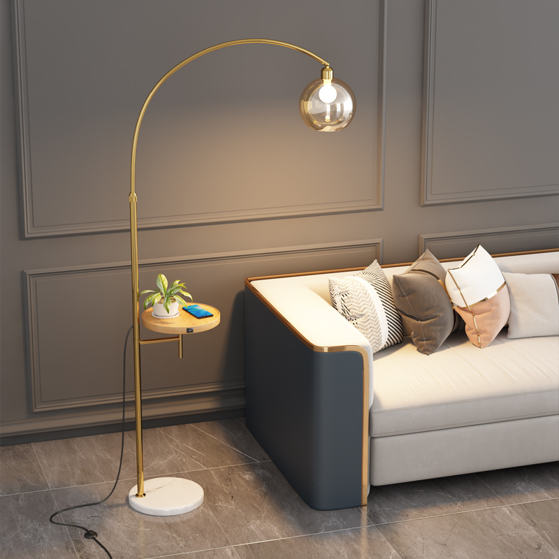 Nordic Modern Arc Floor Lamp with Shelf Wireless Charger & USB Charging Port White Shade for Hotel/Bedroom/Bar Indoor Use