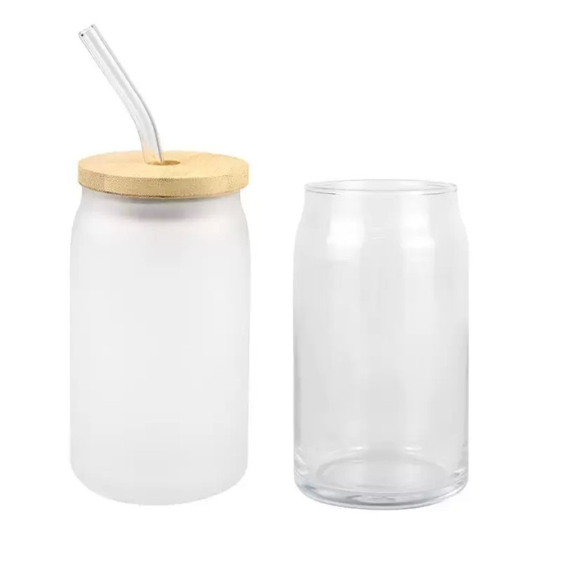 12oz 16oz Sublimation Blanks Cola Can Clear Frosted Jar Beer Glasses Wine Tumblers Cup With Bamboo Lid and Straws