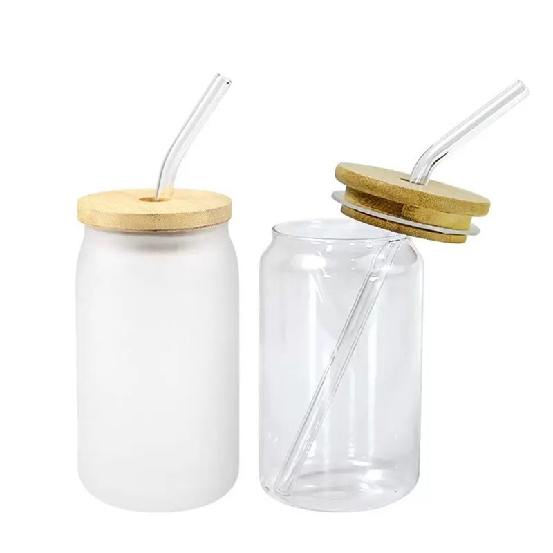 12oz 16oz Sublimation Blanks Cola Can Clear Frosted Jar Beer Glasses Wine Tumblers Cup With Bamboo Lid and Straws