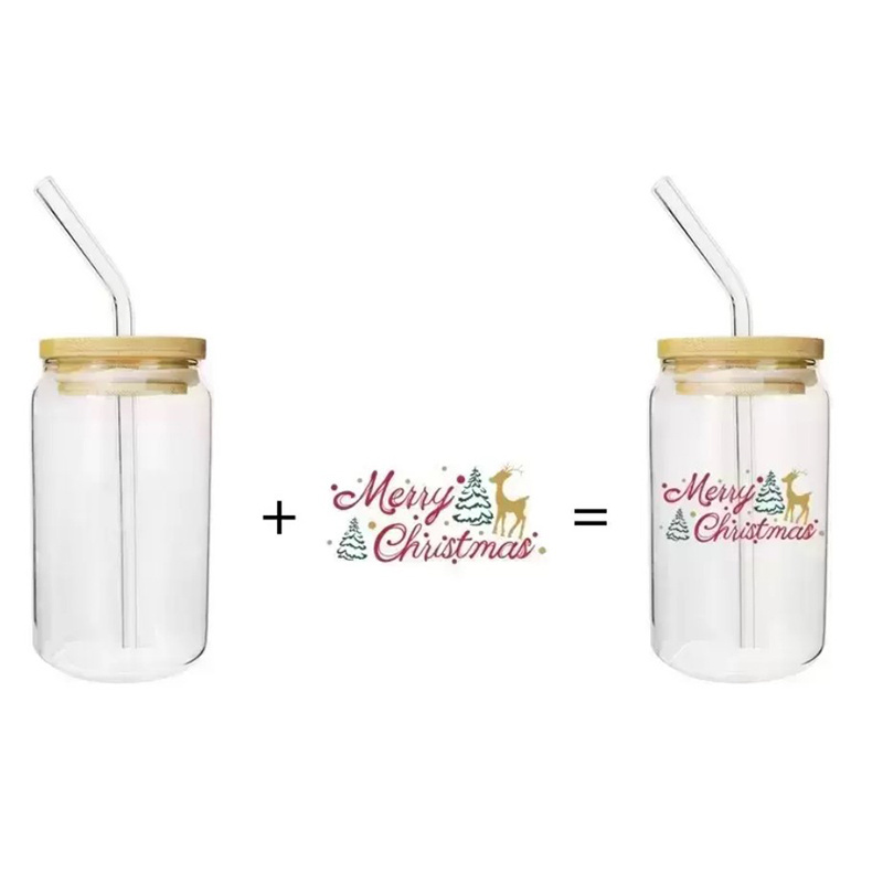 12oz 16oz Sublimation Blanks Cola Can Clear Frosted Jar Beer Glasses Wine Tumblers Cup With Bamboo Lid and Straws