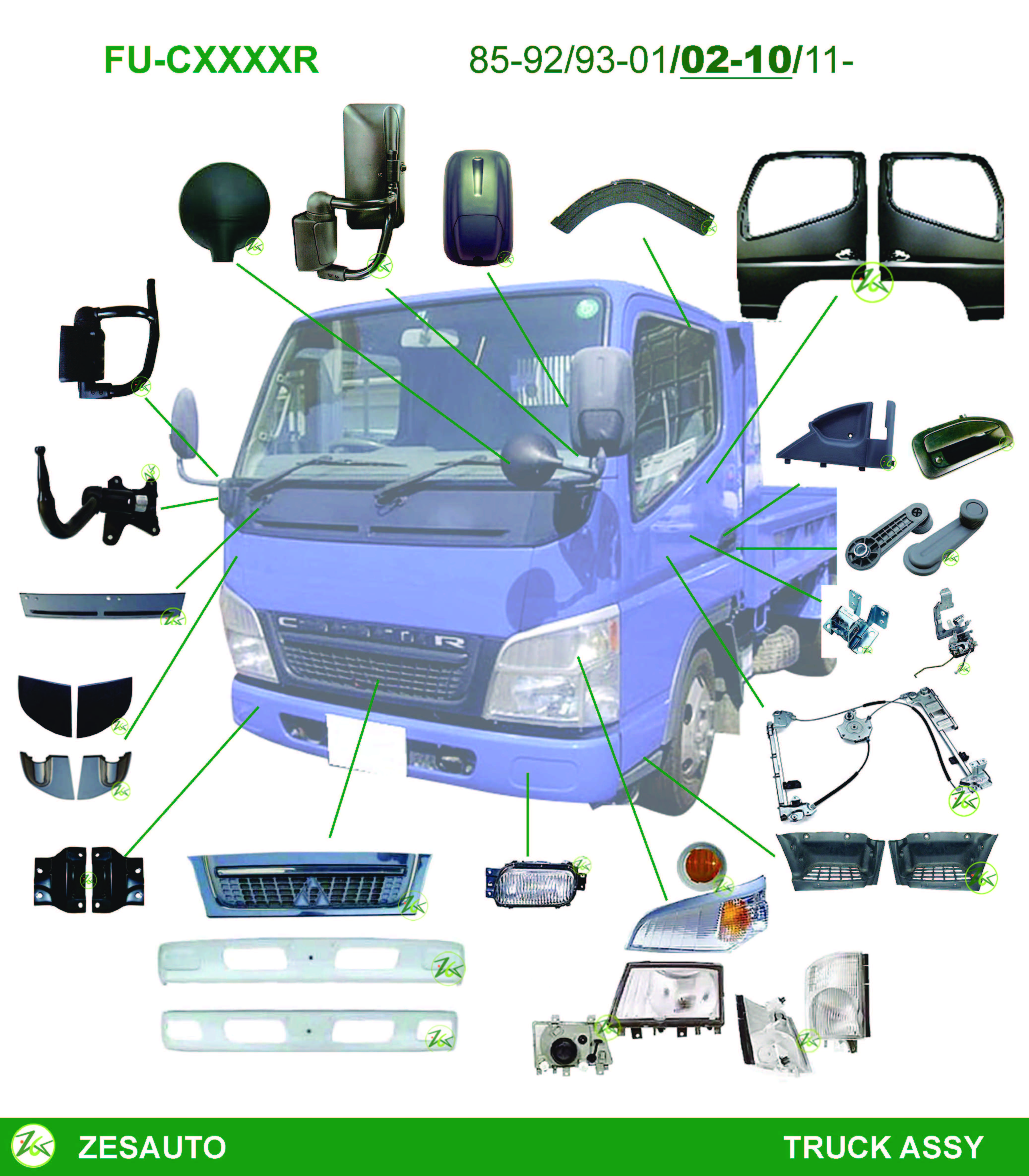 Commercial truck body, door, mirror, lamp, engine replacement parts