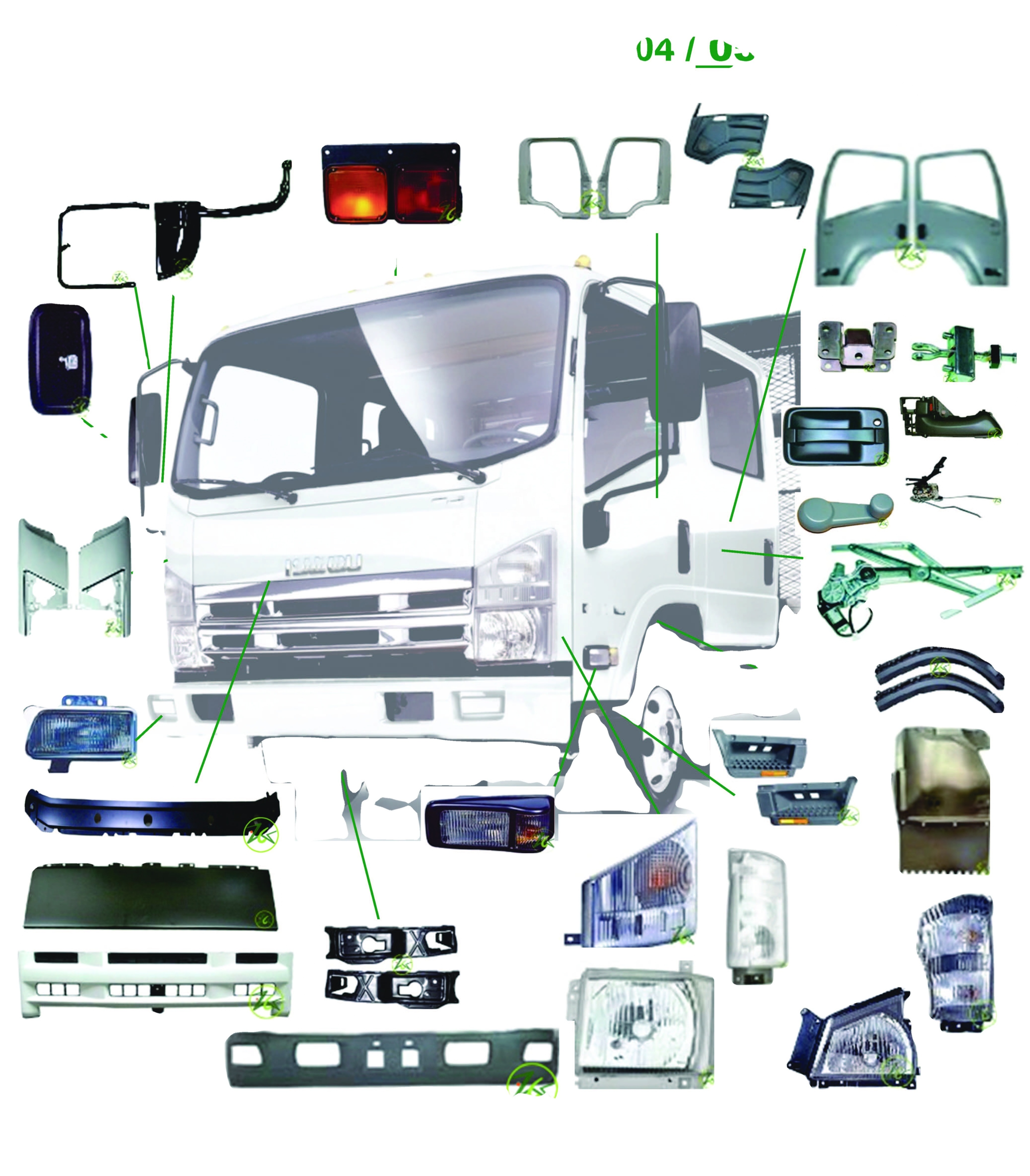 Commercial truck body, door, mirror, lamp, engine replacement parts