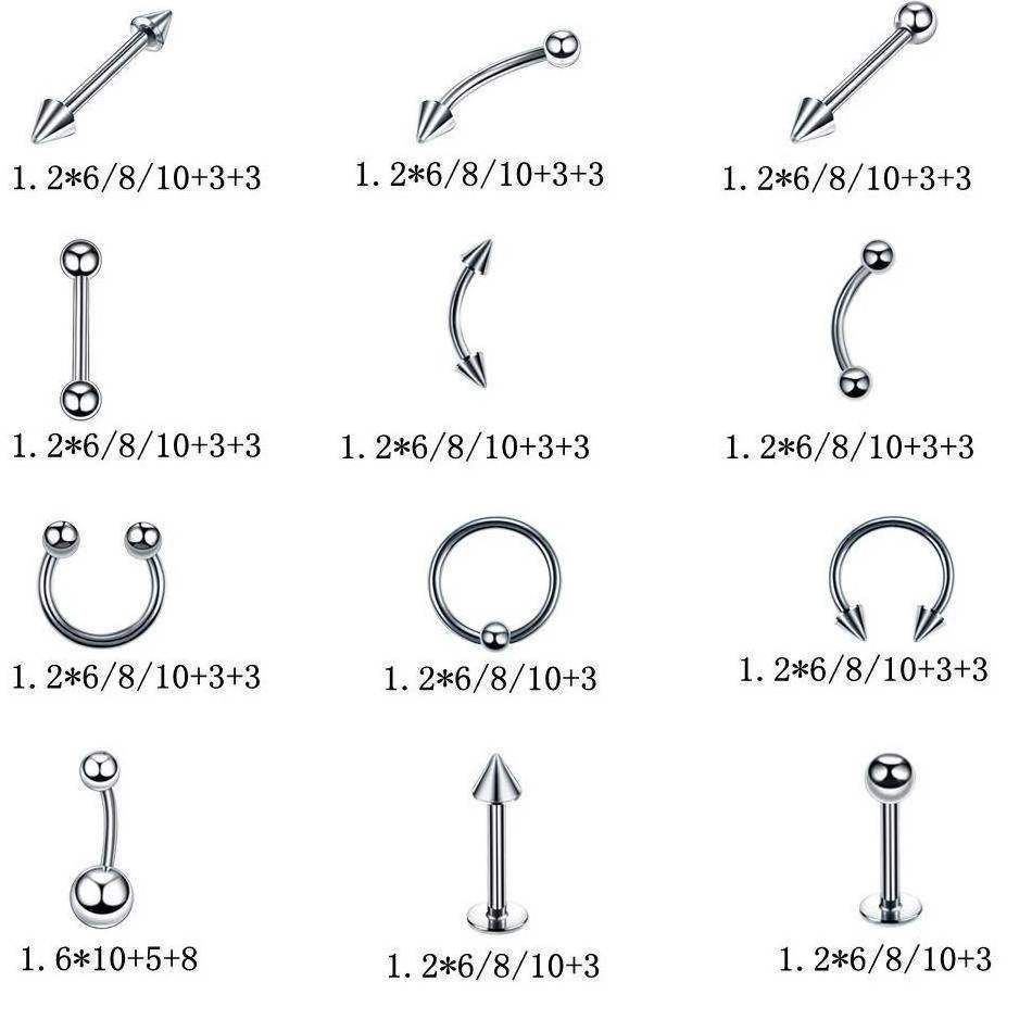 60pcs/Set Mix Kit 14G Stainless Steel Nose Ear Belly Lip Tongue Ring Jewelry Captive Bead Eyebrow Bar Body Piercing  Kit