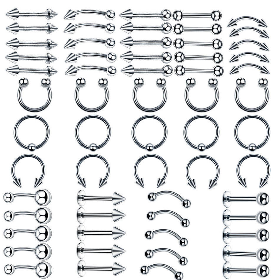 60pcs/Set Mix Kit 14G Stainless Steel Nose Ear Belly Lip Tongue Ring Jewelry Captive Bead Eyebrow Bar Body Piercing  Kit