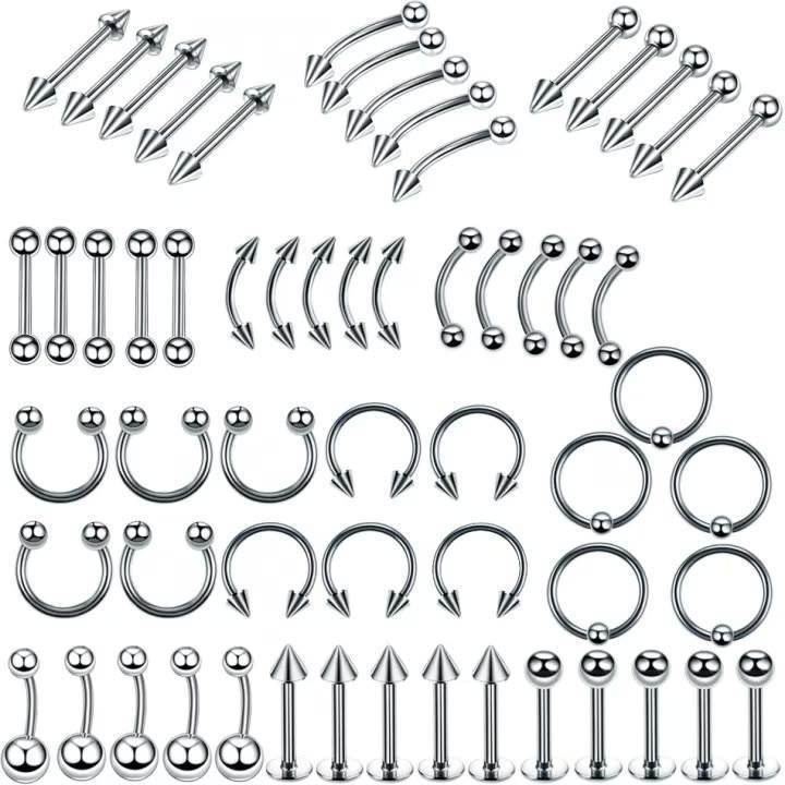 60pcs/Set Mix Kit 14G Stainless Steel Nose Ear Belly Lip Tongue Ring Jewelry Captive Bead Eyebrow Bar Body Piercing  Kit