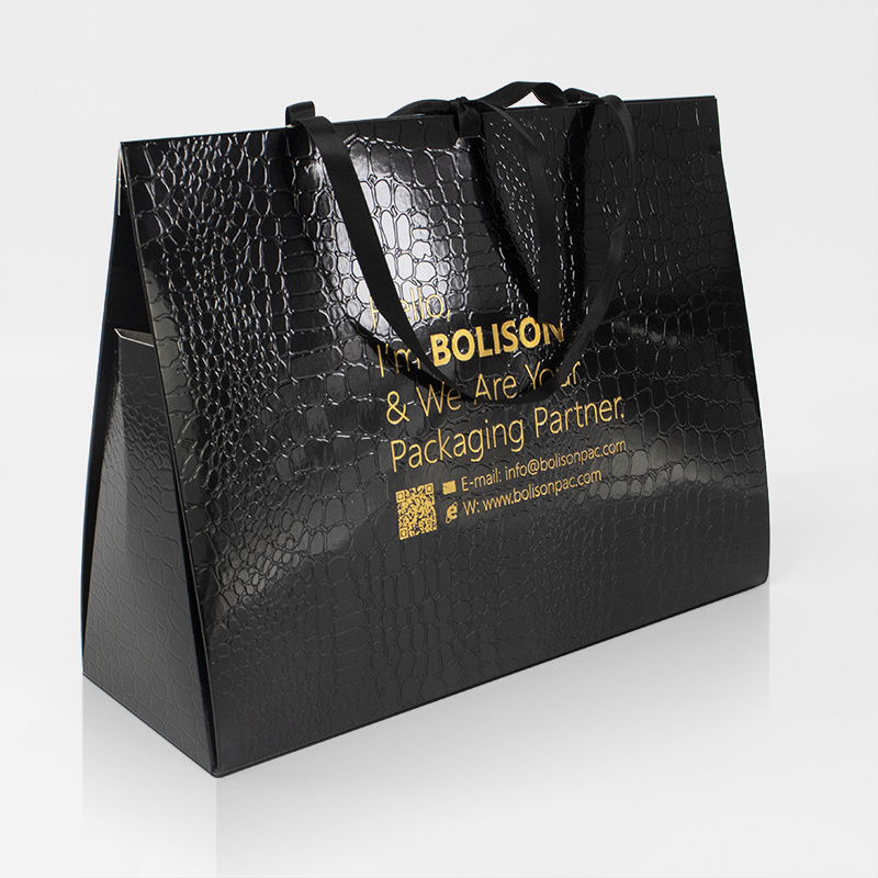 Reusable custom logo gold stamping printed black luxury shopping Cosmetic design Handmade gift embossing premium paper bags