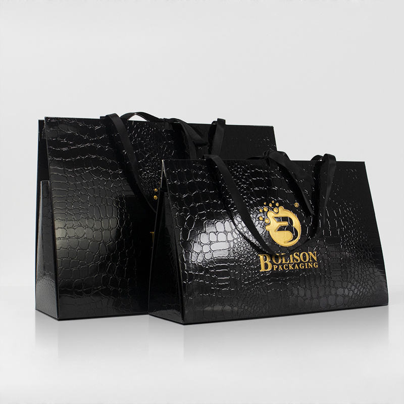 Reusable custom logo gold stamping printed black luxury shopping Cosmetic design Handmade gift embossing premium paper bags