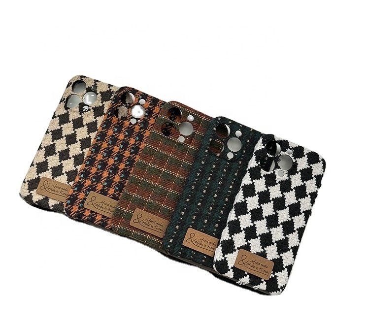 Ins style autumn-winter vintage plaid woven high quality plush phone case for iPhone 15 14 13 promax