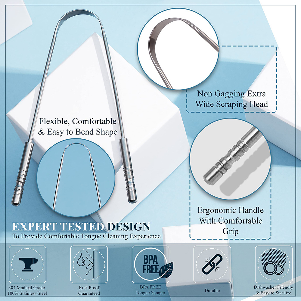 2 Pack Bad Breath Treatment 100% Stainless Steel Metal U Shaped Tongue Scraper for Travel Packing Box