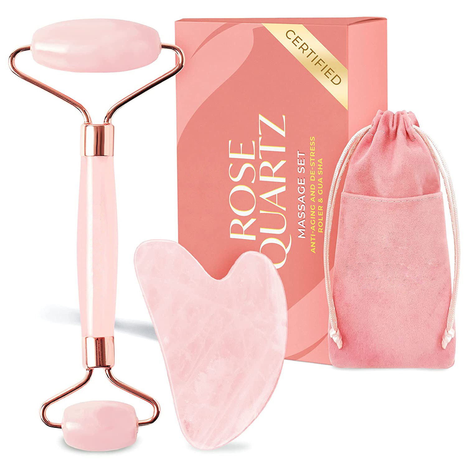 Anti Aging Facial Massage Rose Quartz Jade Roller and Gua Sha of Cosmetics Face Skin Massager Roller Set