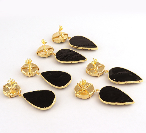 Newest collection natural solar quartz & black quartz leaf carving stud dangle earring classy gold plated carving dangle earring