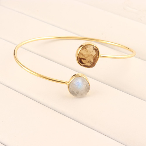 Personalized natural raw citrine & blue fire rainbow moonstone unisex bracelet gold/silver plated custom made bangle bracelet