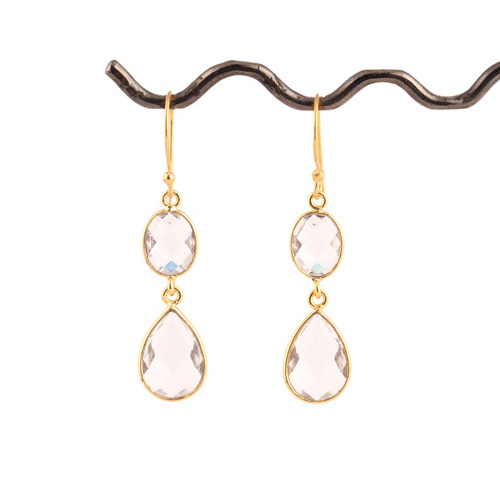 Wholesale fine jewelry two stone clear quartz non tarnish bezel setting earring brass gold plated earring drop dangle earrings