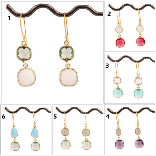 Cushion shape green amethyst quartz & white agate bezel earring alloy gold plated earring double stone drop dangle earrings