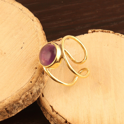 Wholesale collection natural purple amethyst ring 18k gold plated double band layer designer ring round cabochon adjustable ring