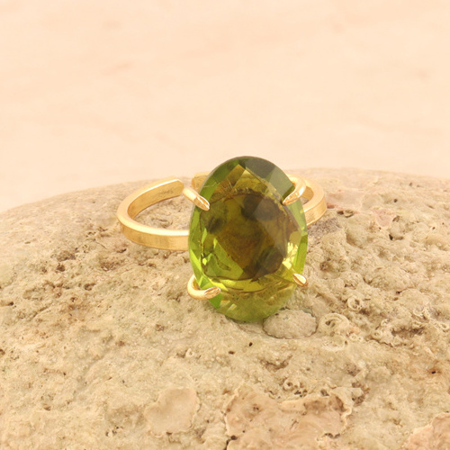 Affordable price jewelry oval shape peridot quartz gemstone ring 24k gold plated prong setting open adjustable ring jewelry gift