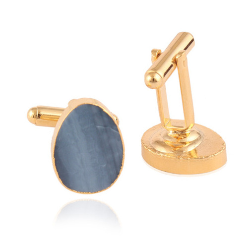 High quality customize 13x18mm egg shape natural blue opal gemstone gold electroplating wedding men shirt cufflinks and tie clip