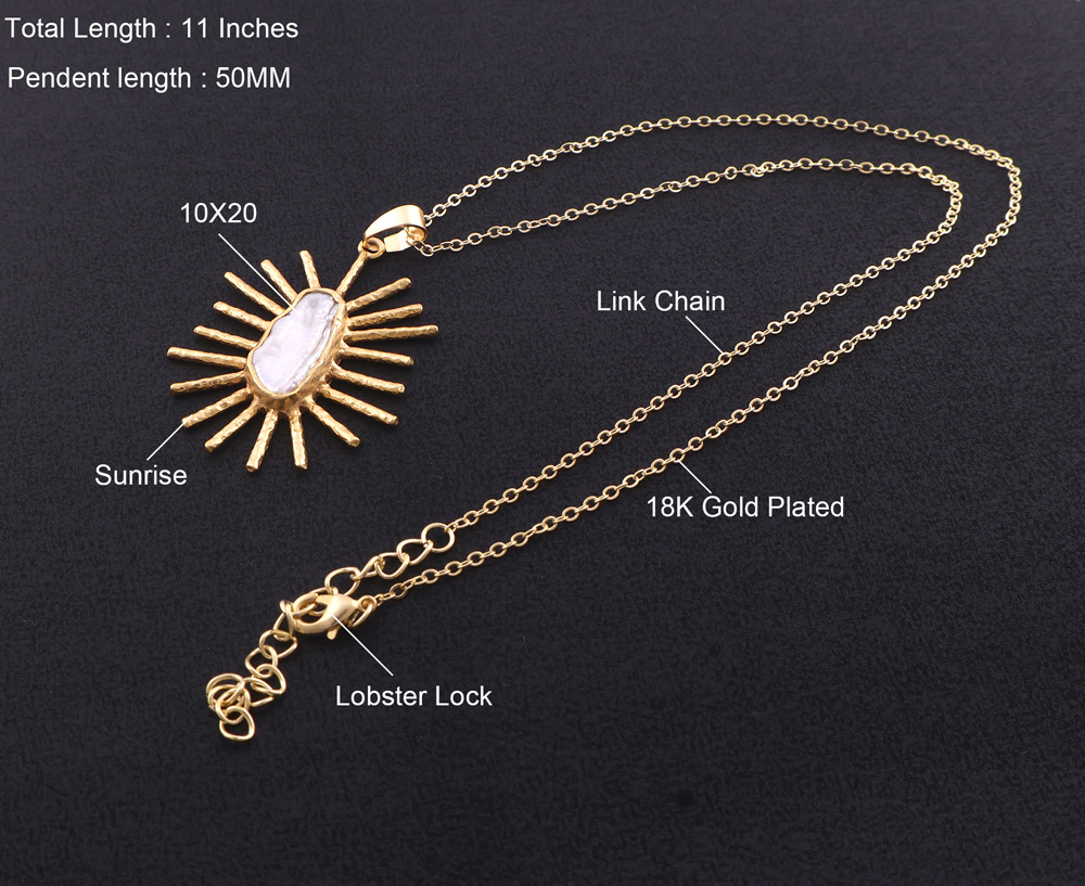 Bridesmaid jewelry natural keshi pearl sunrise pendant solid brass 18k gold plated designer fashion jewelry cable chain necklace