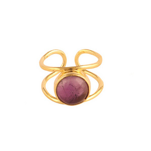 Wholesale collection natural purple amethyst ring 18k gold plated double band layer designer ring round cabochon adjustable ring