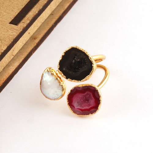 Three stone statement ring natural pearl & geode druzy gold electroplated open adjustable rings double layer stackable rings