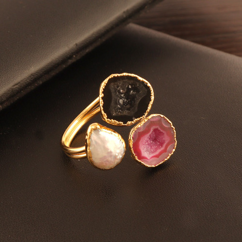 Three stone statement ring natural pearl & geode druzy gold electroplated open adjustable rings double layer stackable rings