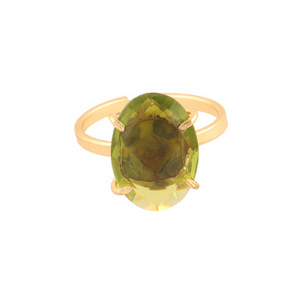 Affordable price jewelry oval shape peridot quartz gemstone ring 24k gold plated prong setting open adjustable ring jewelry gift