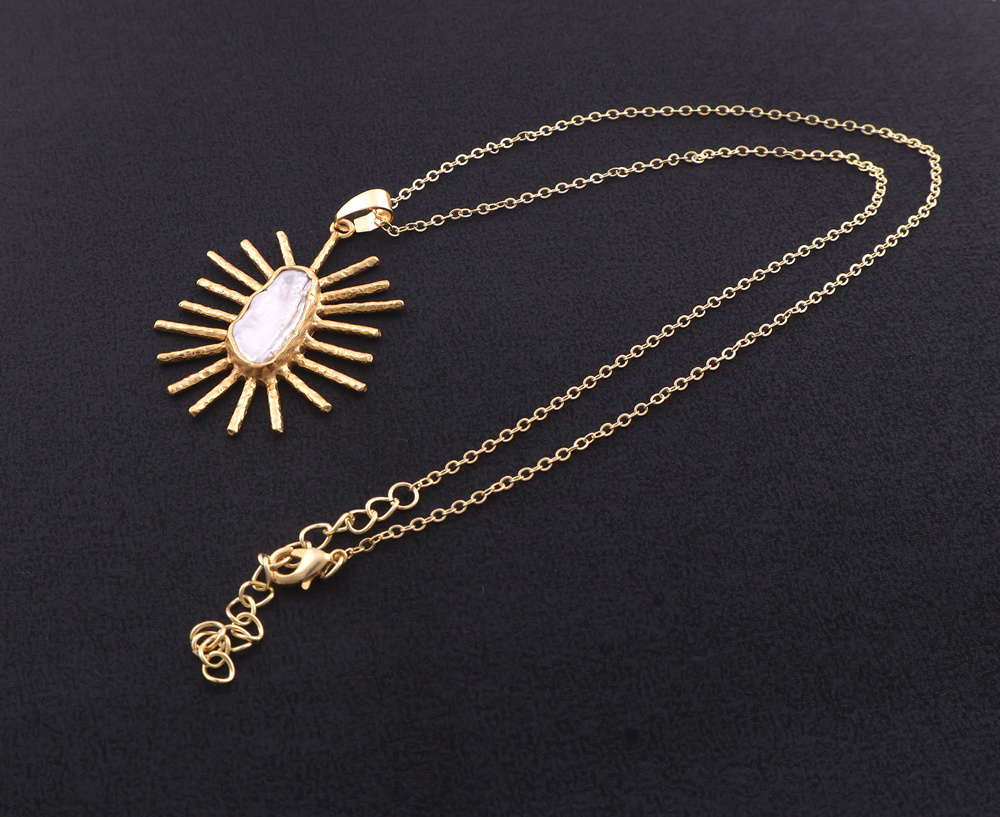 Bridesmaid jewelry natural keshi pearl sunrise pendant solid brass 18k gold plated designer fashion jewelry cable chain necklace