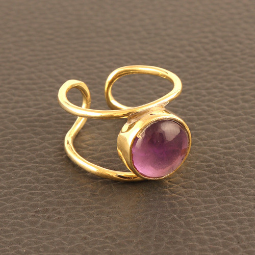 Wholesale collection natural purple amethyst ring 18k gold plated double band layer designer ring round cabochon adjustable ring